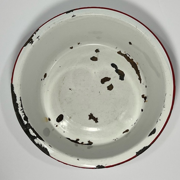 Porcelain Enamelware White Red Rim Farmhouse Bowl Basin Pan Dish MCM Vintage - Picture 9 of 12